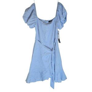 Trixxi Blue Puff Sleeve Mini Dress With Tie Waist & Ruffle Hem S